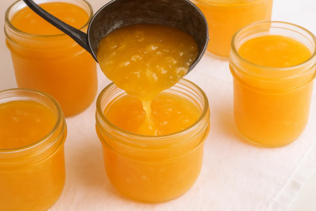 Golden pear honey being poured from a ladle into glass jars, with several filled jars arranged on a white cloth.
