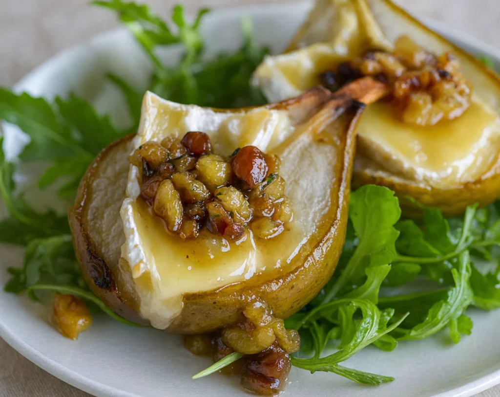 Roasted pears with melted Camembert cheese, walnut topping, and arugula on a white plate