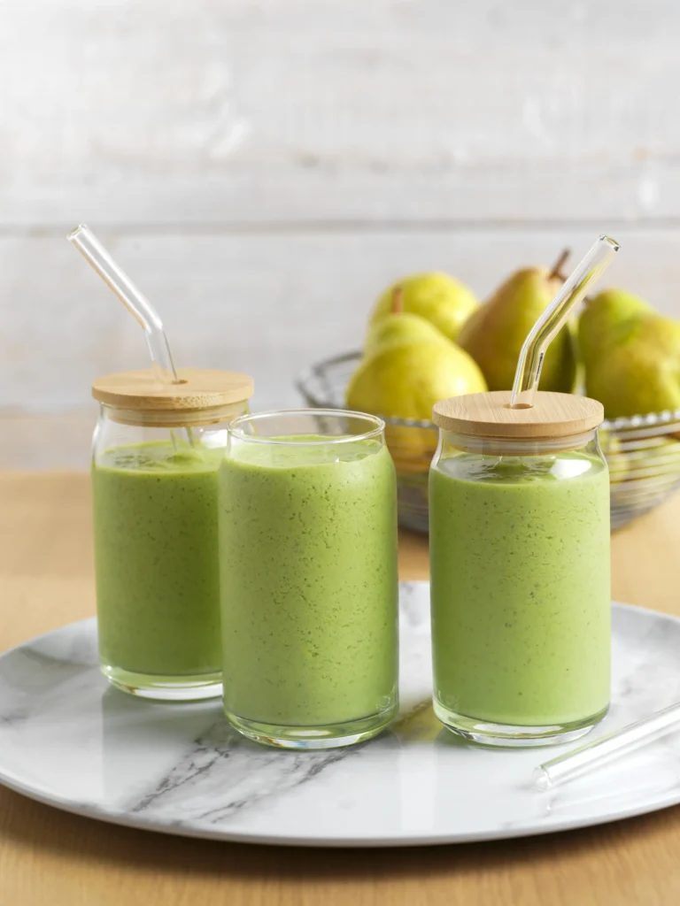 Three green pear smoothies in clear glasses (two with bamboo lids and glass straws) on a white marble tray, with a bowl of pears blurred in the background.